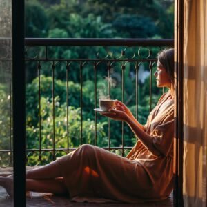 אישה יושבת בשקט על מרפסת עם כוס תה חם בבוקר, מביטה בנוף ירוק