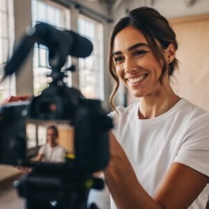 אישה מצלמת תוכן באור טבעי, מאחורי הקלעים של העסק שלה, עם חיוך וביטחון