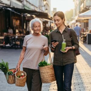 מבוגרת נושאת סלים מהשוק,