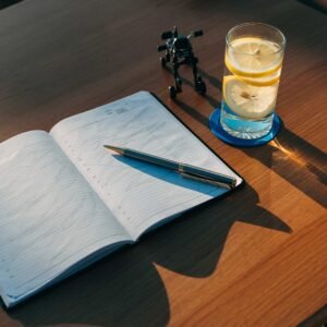 מחברת פתוחה, עט, כוס מים עם לימון וצעדן קטן על השולחן