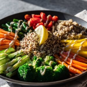 צלחת צבעונית עם ירקות, קינואה, טחינה ופרוסת לימון