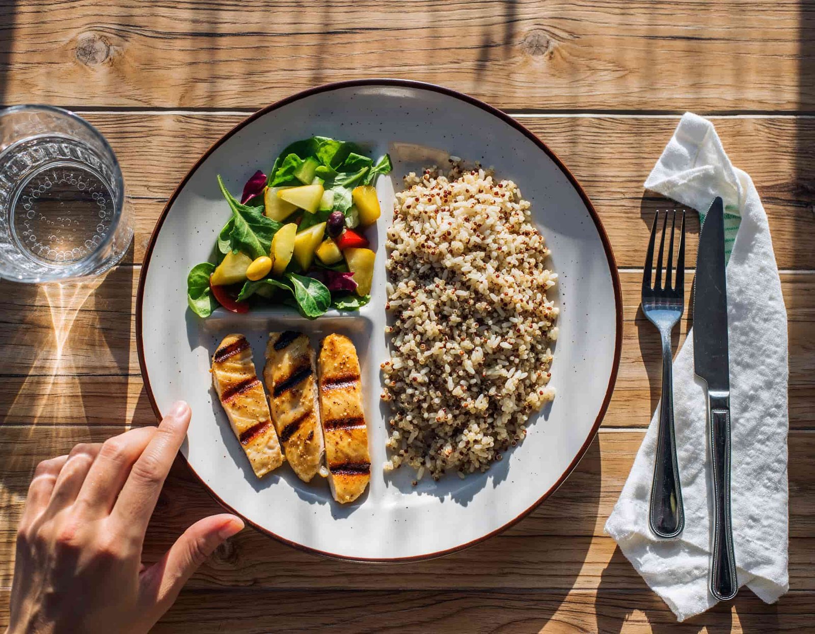 healthy balanced plate on a wooden tabl