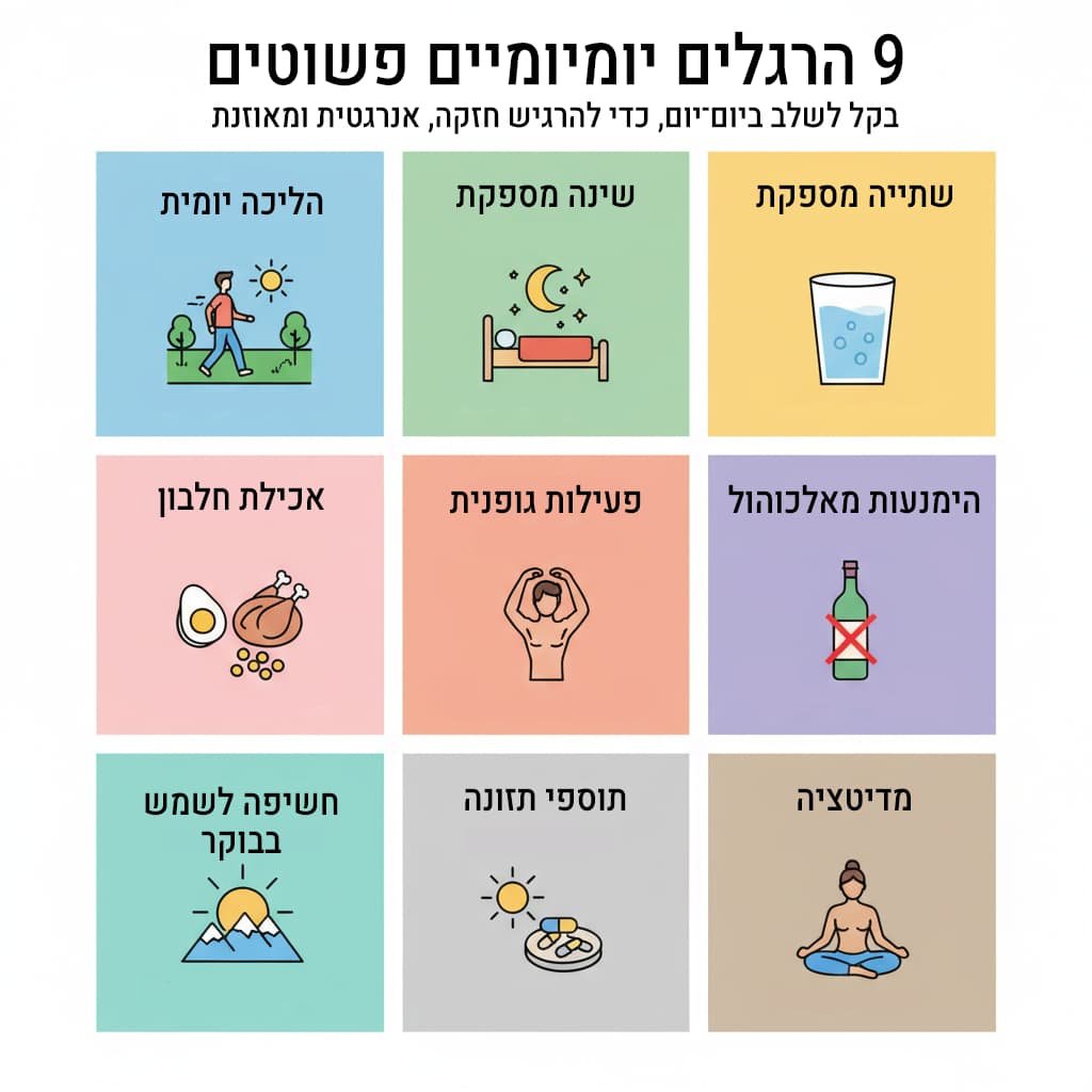 אינפוגרפיקה צבעונית בסגנון שטוח, המציגה 9 הרגלים יומיומיים פשוטים- הליכה יומית, שינה_