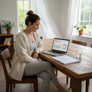 אישה בתחילת שנות ה־30, בלבוש ספורטיבי קל, יושבת ליד שולחן עם מחברת פתוחה, שותה מים