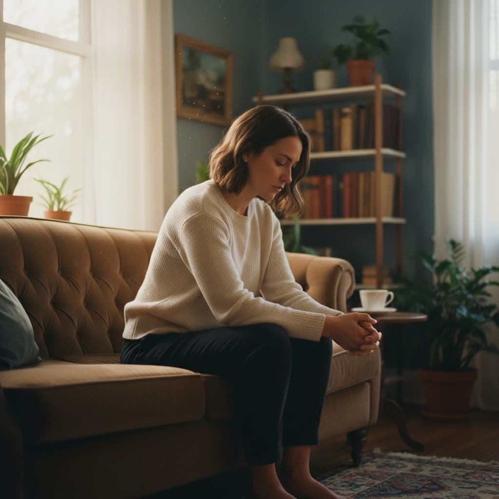 אישה יושבת לבדה על ספה