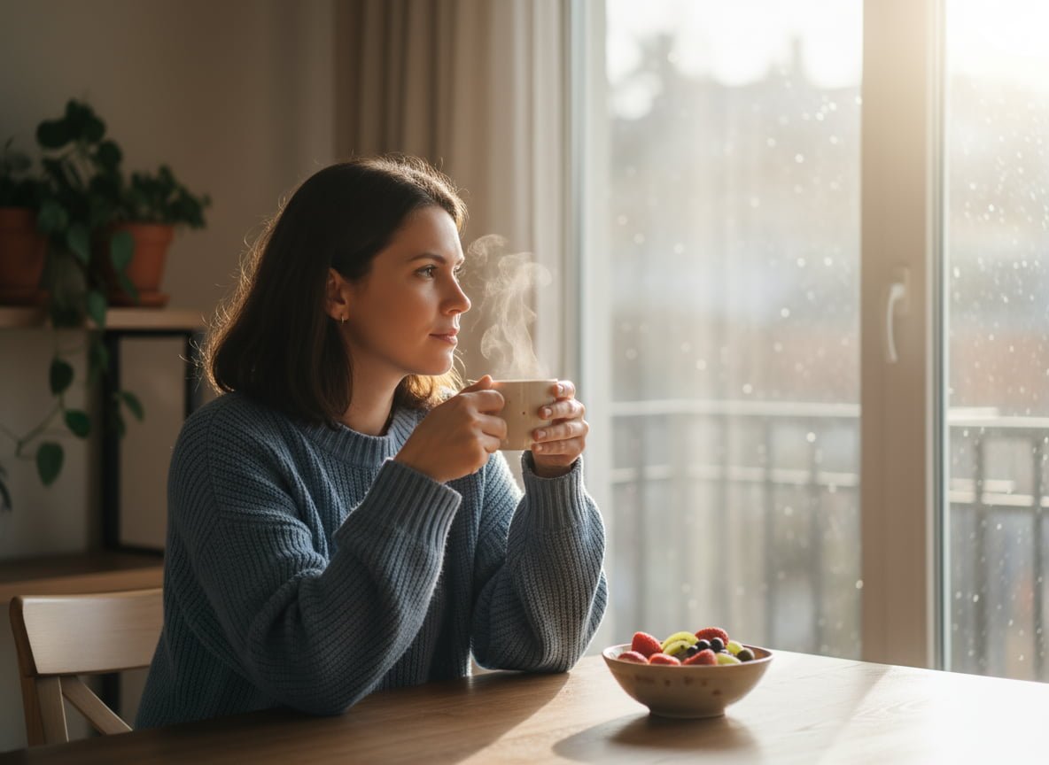 אישה יושבת ליד שולחן