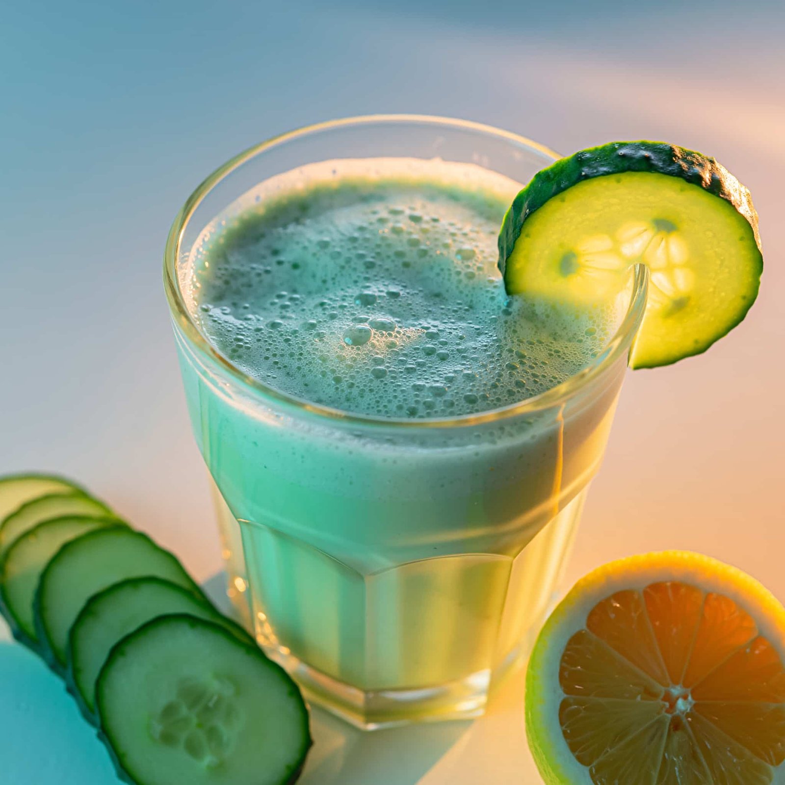 שייק ירוק בהיר בכוס זכוכית, עם פרוסת מלפפון ולימון בצד, רקע בהיר ורענן. טקסט קצר: