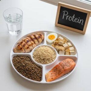 צלחת מחולקת עם מקורות חלבון מגוונים – חזה עוף צלוי, ביצה קשה, קינואה, טופו, עדשים