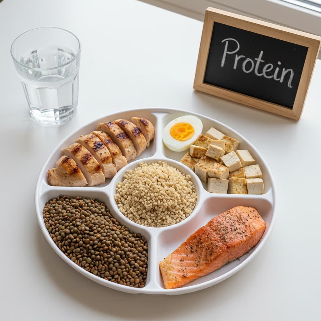 צלחת מחולקת עם מקורות חלבון מגוונים – חזה עוף צלוי, ביצה קשה, קינואה, טופו, עדשים